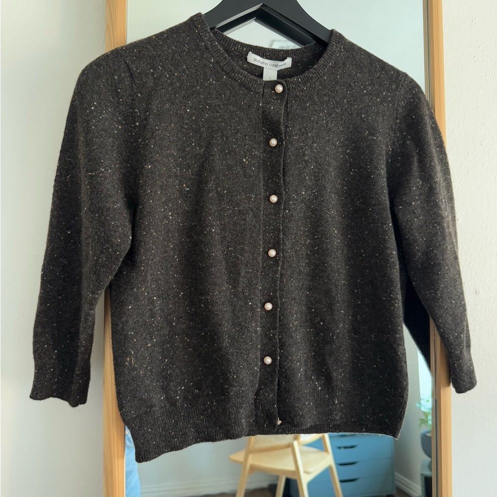 Autumn Cashmere Brown Speckled Cardigan Pearl Button 3/4 Sleeve NWT